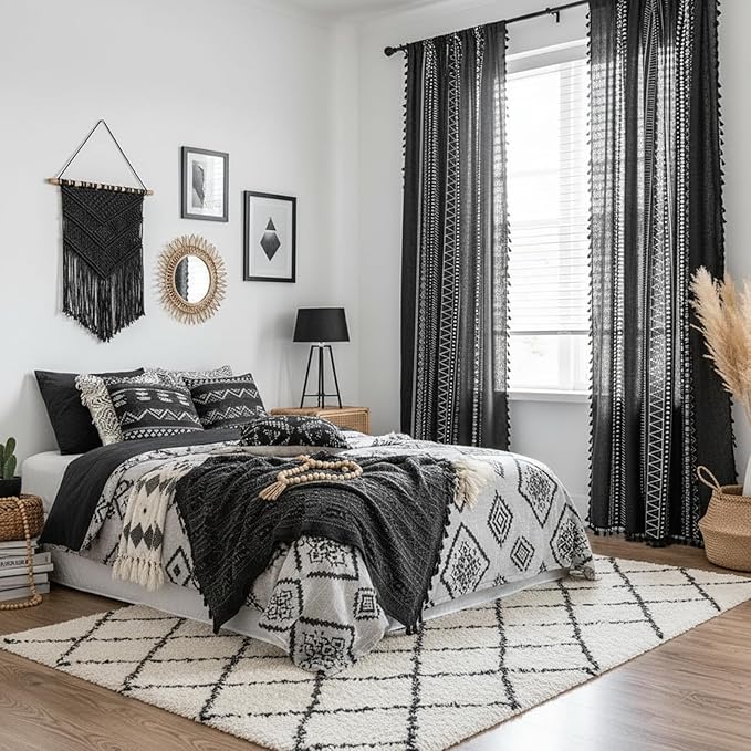 ColorBird Boho Curtains Black for Bedroom Room Darkening 84 Inches 2 Panles Farmhouse MCM Western Striped Aztec Window Treatment Patterned Drapes for Living Dining Room Closet Boho Chic Decor