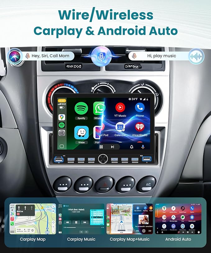 7’’ Single Din Radio Stereo with Wireless or Wired CarPlay Android Auto You-Tube, 1 Din Touchscreen Radio with Piano Keys,Car Stereo Support Mirror Link, Rear View Camera USB&Type-C FM SWC BT EQ MIC