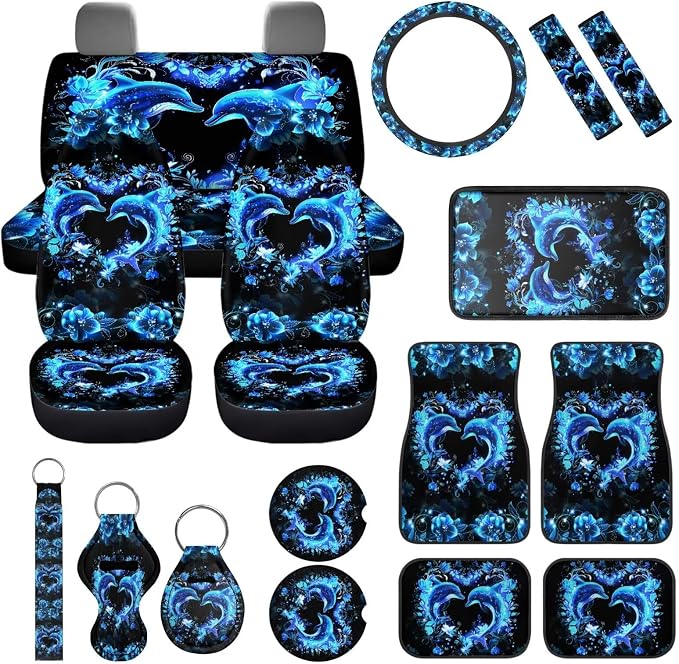 Neon Dolphin Car Accessories Full Set of 17 Pack,Blue Dolphin Car Seat Covers Sets with Front and Rear Bench,Steering Wheel Cover,Seat Belt Shoulder Pad,Key Chain Universal Car Floor Mats Set