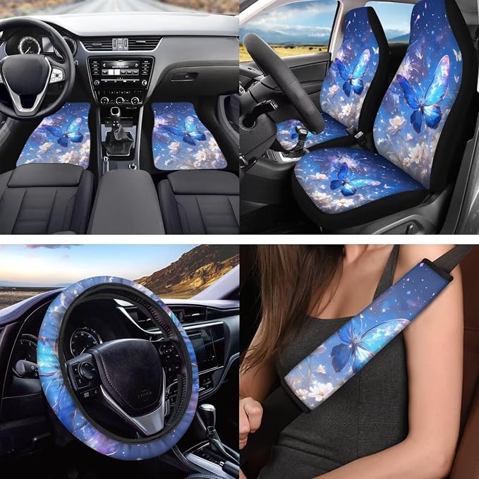 18 Pcs Blue Butterfly Car Interior Accessories Set for Women, Car Seat Covers Full Set with Floor Mats Steering Wheel Cover Armrest Pad Seat Belt Pads Handle Wraps Keychain Cup Coaster