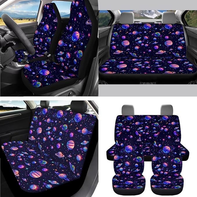AFPANQZ Planet Print Car Seat Covers Full Set with Steering Wheel Cover/Gear Shift Knob Cover/Handbrake Cover/Seat Belt Shoulder Pads/Cup Holder Universal 11 Piece