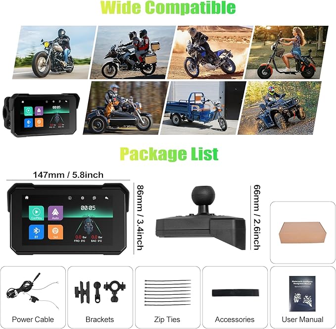 CAMECHO Wireless Motorcycle CarPlay & Android Auto 5 inch Touch Screen Waterproof Portable Moto Car Play Screen with Bluetooth, Navigation, Siri, Google Assistant for Motorbike