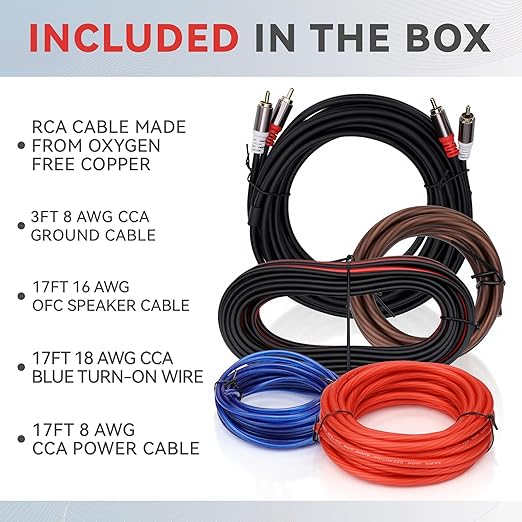 8 Gauge Complete Car Amplifier Installation Wiring Kit, Premium CCA Automotive Audio Systems Cable with OFC 2-Channel RCA Cable & Full Accessories, Brings Power to Radio, Subwoofer and Speaker, DIY