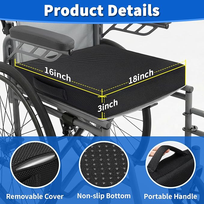 YOUFI Wheelchair Seat Cushion with Waterproof Layer Breathable Cover, High Rebound Memory Foam, Non-Slip Bottom and Handle, Chair Cushion for Sciatica and Pressure Relief