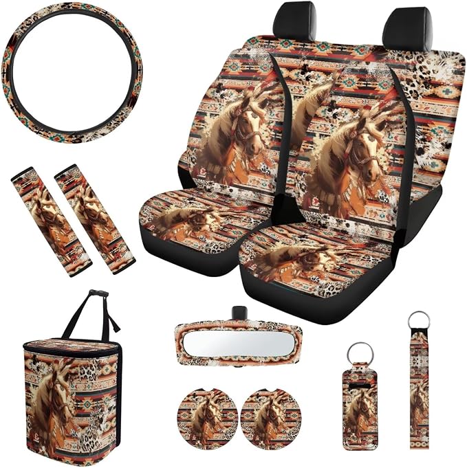Car Seat Covers Set 12 Pack Retro Aztec Horse Steering Wheel Cover Auto Seat Belt Pad Cover Car Trash Can Rear View Mirror Cover Cup Coasters Keychain Holder Keychains