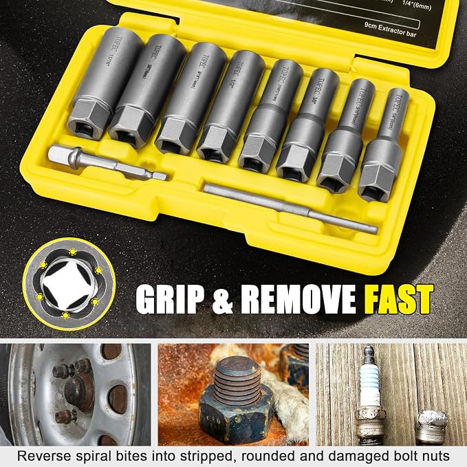 Topec 10-Piece Spiral Type Deep Bolt Extractor Set, Spark Plug Extraction Socket Set, Stripped Lug Nut Remover for Removing Broken, Damaged, Frozen, Rusted, or Rounded-Off Bolts, Nuts, Screws, Studs