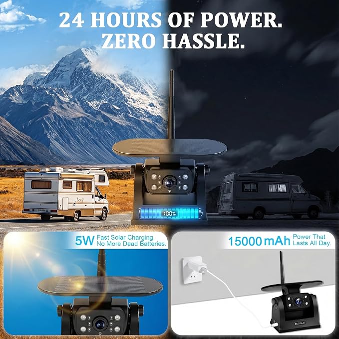 X7 2 Wireless Solar Magnetic Backup Camera for RV Truck - 15000mAh Battery Magnetic Hitch Camera 7” Monitor 320FT Range - 5th Wheel Hitch Gooseneck Travel Boat Horse Trailer Truck