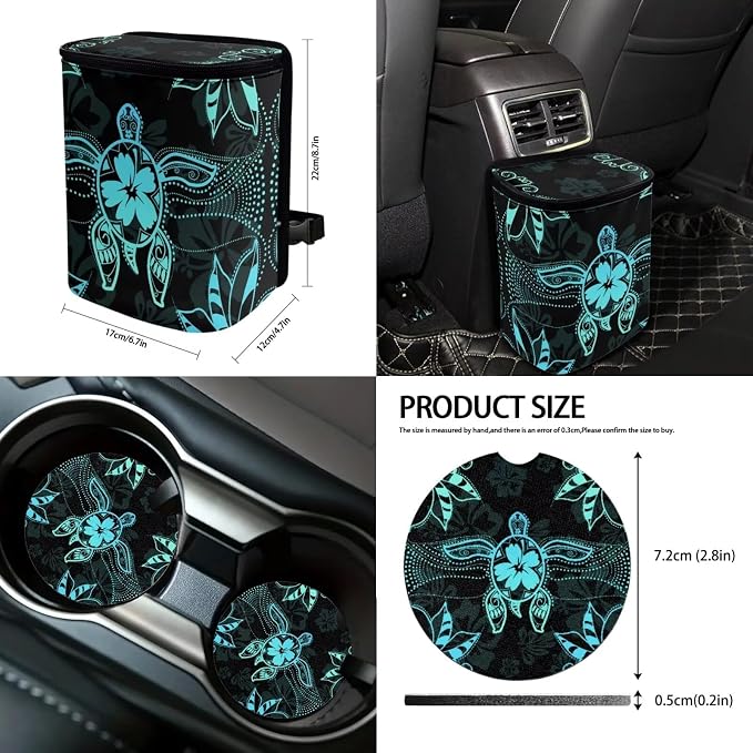 Suobstales Turtle Hibiscus Flower Print Car Accessories Car Seats Cover Protector, Steering Wheel Covers, Seatbelt Cover, Car Trash Can, Cup Coasters, Rearview Mirror Cover, Keychains, Pack of 13