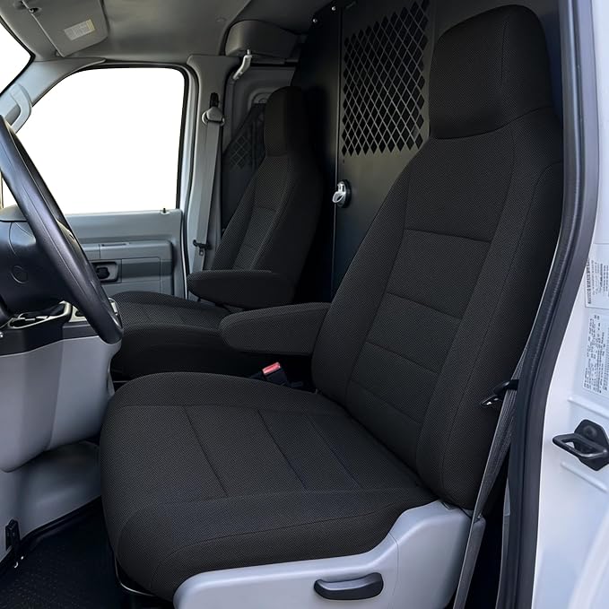 Heavy Duty Composite Fabric Protection Front Seat Covers for Ford E-150/E-250/E-350 Van 2009-2014 E-Series Cutaway/Stripped Chassis 2015-2026 High Back Bucket Seats Molded Headrest - Black