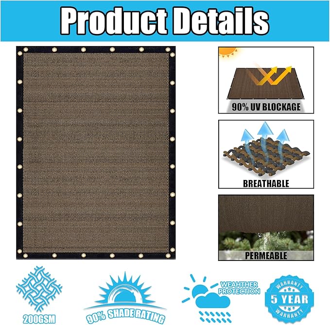 Amagenix 90% Shade Fabric 7'X 24' Mocha Sun Shade Cloth with Grommets for Pergola Replacement Shade Cover Canopy, Heavy Duty, Cable Zip Ties Included (We Customized)