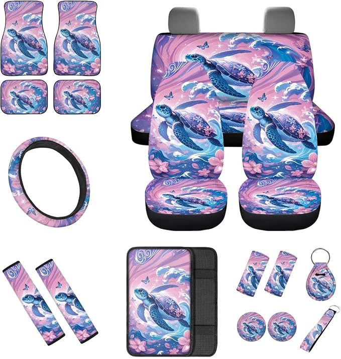 18 Pcs Pink Turtle Car Seat Covers Full Set for Women, Auto Interior Accessories with Steering Wheel Cover Floor Mats Armrest Cover Seat Belt Pads Roof Handle Wraps Cup Coaster Keychain
