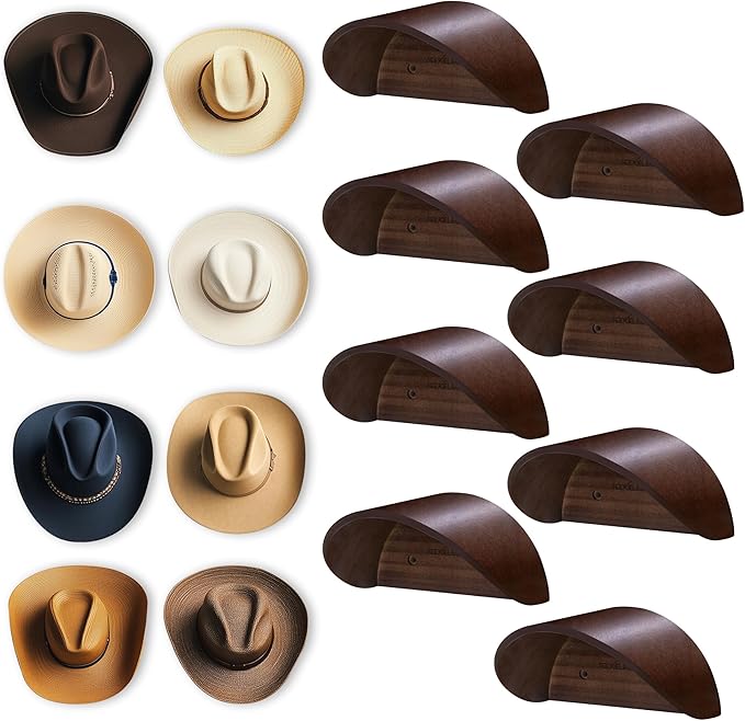 Cowboy Hat Holder Rack for Wall, 8 Pack Hat Hooks with Non-Damage Brim Design, Rustic Wood Hats Hanger on Wall to Keep Original Shape of Hats, for Home, Closet, Entryway, Cabin, Western Room Decor
