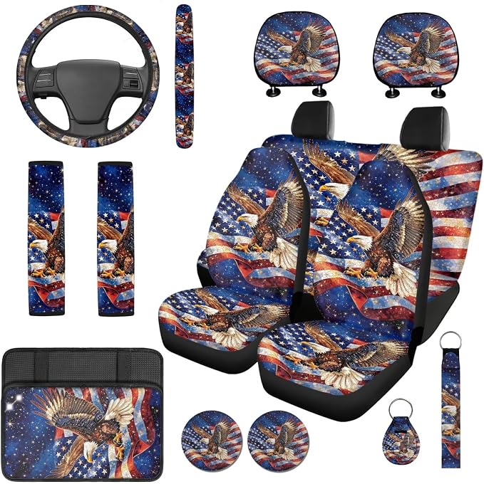 Bulopur American Flag Eagle Car Seat Covers Full Set with Vehicle Armrest Cushion Easy Install Auto Seat Belt Shoulder Strap Covers 15 Inch Steering Wheel Cover Coasters Car Interior Accessories