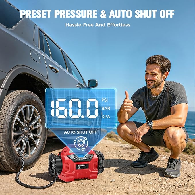 LIVOWALNY 3X Faster Cordless Tire Inflator Air Compressor Pump Compatible with Milwaukee 18V Battery, 160PSI 12V DC/18V DC with Pressure Gauge & Deflator for Car, Air Mattresses (Tool Only)