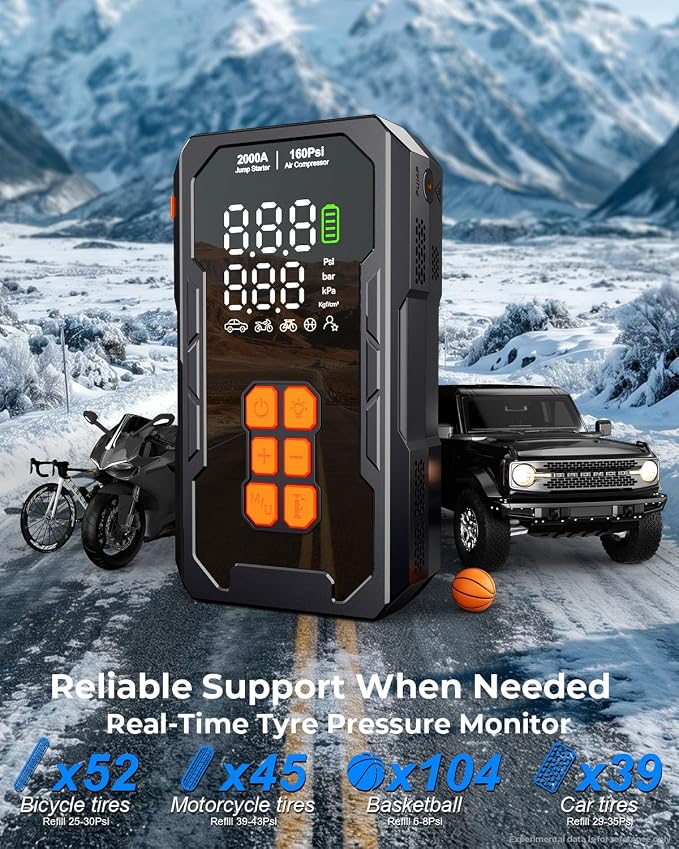 Jump Starter with Air Compressor, 12V Car Battery Jumper Starter Portable for 8.0L Gas/6.0L Diesel, Car Battery Charger Jump Box with 160PSI Auto-Shutoff Tire Inflator and Storage Case, Black
