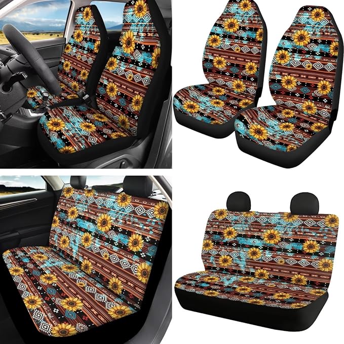 Howilath Western Aztec Tribal Sunflower Car Seat Cushion Cover Interior Accessories with Steering Wheel Covers+Seat Belt Cover Pad+Keychains+Cup Coasters Fit Most Vehicle - 13 Piece