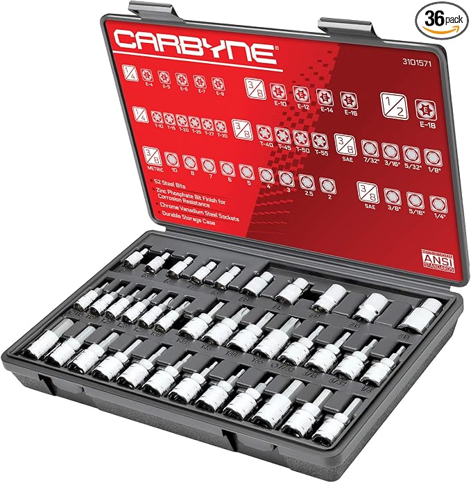 CARBYNE 36-Piece Hex (Allen) Torx Bit Socket and E-Torx Set, SAE and Metric, S2 Steel Bits, CrV Sockets, 1/4 in. 3/8 in. 1/2 in. Drive, Zinc Phosphate, Genuine Licensed Torx, Durable Case