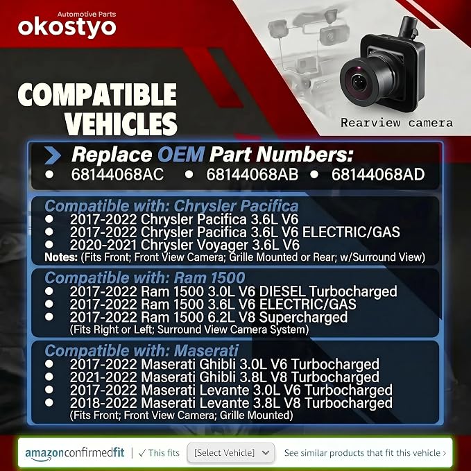 No. 68144068AC Upgraded 360° Front & Rear & Left & Right Reversing Camera | Fit for 2017-2022 Chrysler Pacifica Voyager Ram 1500 Maserati Ghibli Levante Replace#68144068AB 68144068AD