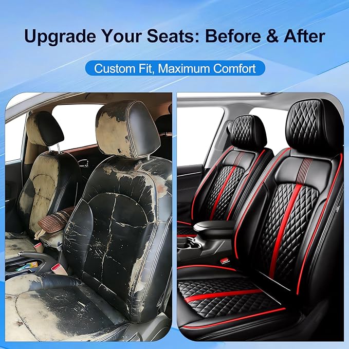Fit XT6 Car Seat Covers (Front Pair) for Select Cadillac XT6 2020-2025 - Premium Full Coverage Leather, Airbag Compatible & Scratch-Resistant, Waterproof & All Weather Seat Protector, Red Trim