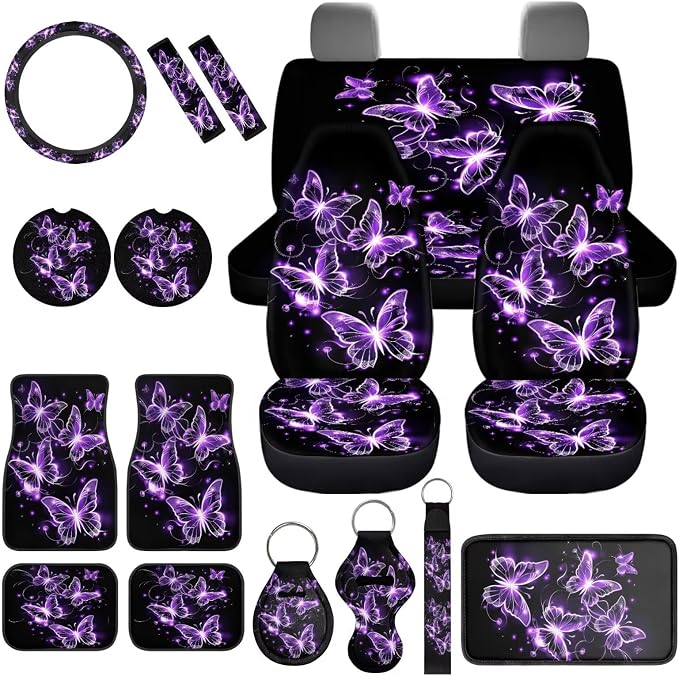 17Pcs Purple Butterfly Car Accessories Full Set for Women,Neon Butterfly Car Seat Covers Set for Front and Rear,Neon Butterflies Car Rubber Floor Mats Shoulder Pad Seat Belt Protector Set