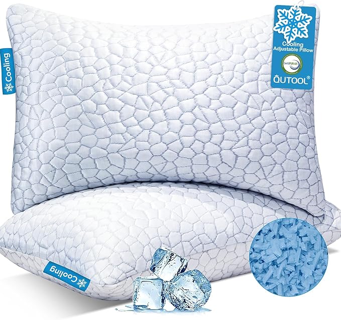 QUTOOL Cooling Pillow for Sleeping 2 Pack,Luxury Shredded Memory Foam Bed Standard Pillows Set of 2,Cool Pillow for Hot Sleepers Adjustable Firm Pillow for Side,Back,Stomach Sleepers Soft Yet Support