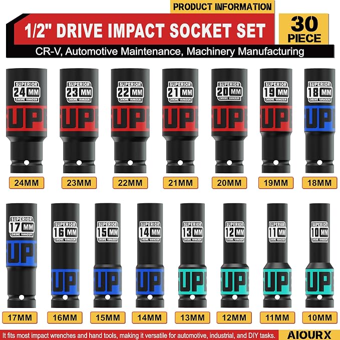 30 Piece 1/2" Drive Impact Socket Set, SAE (5/16"- 1") and Metric (10mm-24mm) Deep Socket, Including Impact Extension Bar 3 ", 5", 10", CR-V, Automotive Maintenance, Machinery Manufacturing