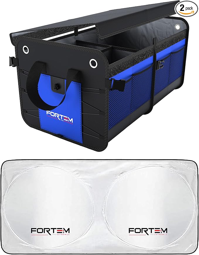 FORTEM Car Trunk Organizer (2 Compartment, Blue) + Large Windshield Sun Shade