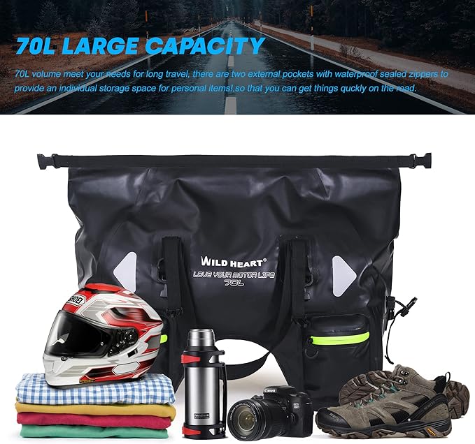 WILD HEART Dry Motorcycle Tail bag 70L/50L With Rope Straps and Inner Pocket Waterproof PVC 500D for Travel,Motorcycle and so on