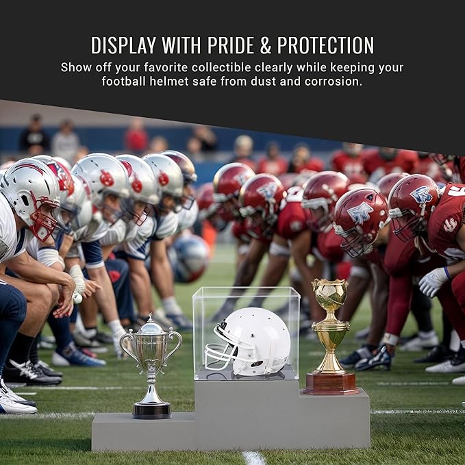 Football Helmet Display Case to Proudly Display your Team – Crystal Acrylic Dust and UV Protection Helmet Case with Black Base, Self-Assembly Clear Display Box for Football