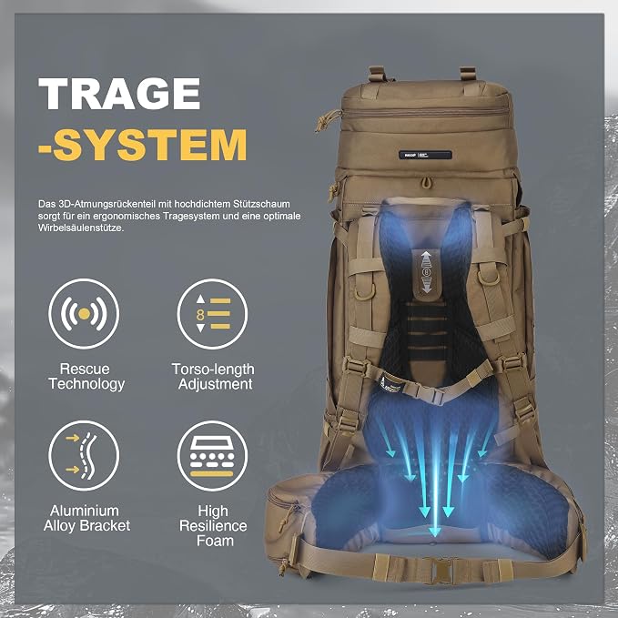 Mardingtop 75L Molle Hiking Internal Frame Backpacks with Rain Cover for Camping,Backpacking,Travelling(Cordura Khaki)