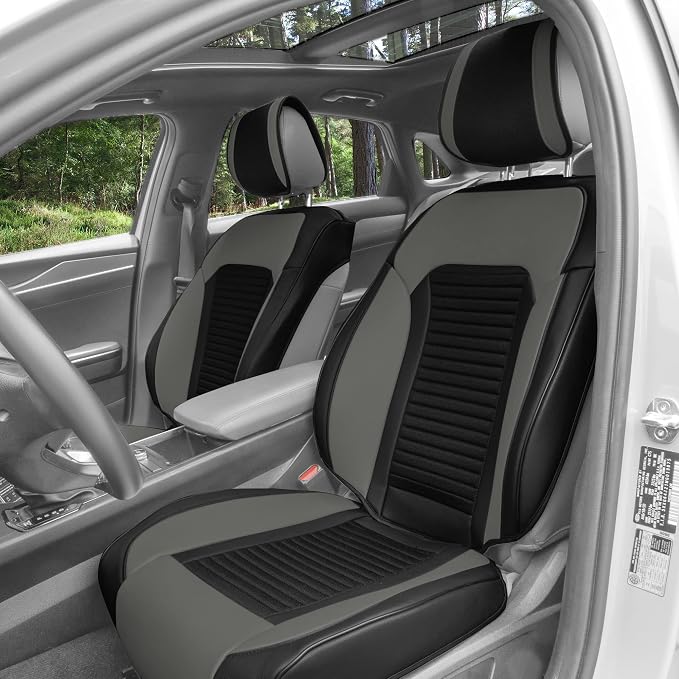 FH Group Car Seat Covers Front Set Gray Faux Leather Car Seat Cushions - Car Seat Covers for Low Back Seat, Universal Fit, Automotive Seat Covers, Airbag Compatible Car Seat Cover for SUV, Sedan