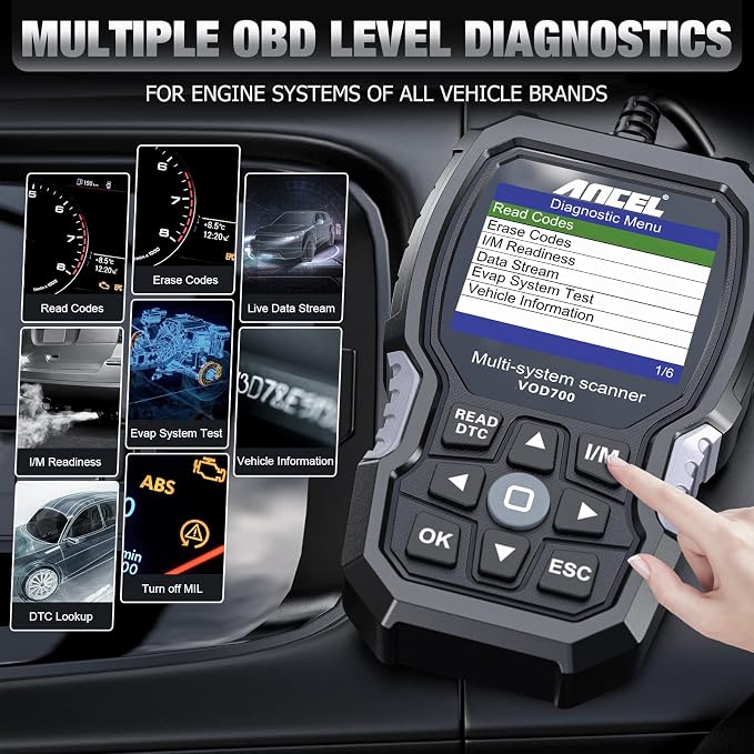 ANCEL VOD700 All System OBD2 Scanner for Volvo Car Code Reader Full Function Diagnostic Scan Tool ABS Bleeding Injector Oil ETC SRL BMS EPB TPMS DPF Reset Tool with Storage Bag