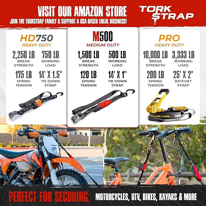 TorkStrap M500 | 14' x 1'' Self Tensioning Tie Down Straps - Automatically Adapt to Load Shifts - 1,500LB Break Strength - Pull Alternative to Ratchet Straps - Integrated Soft Loops & Hooks (8-PK)