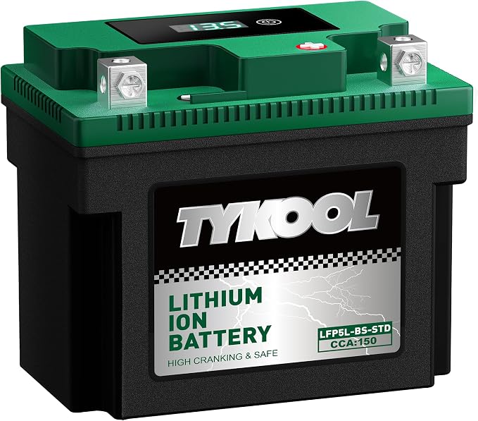 TYKOOL LFP5L-BS-STD 12V Lithium Battery, Replaces YTX5L-BS 150CCA, Fits for Motorcycle ATV Scooter, Compatible with Kawasaki KFX50 Suzuki LT-Z50 Polaris Outlaw 50, Digital Readout, Polarity [- +]