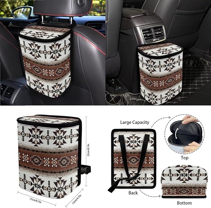 Wanyint Aztec Southwest Brown 15 PCS Car Seat Covers Set for Men Women, with Steering Wheel Cover Seat Belt Pads Trash Bin Sunglass Pocket Rear View Mirror Protector Coasters Key Chain