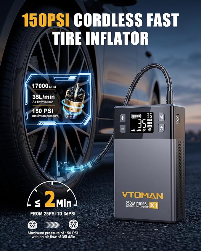 VTOMAN X1 Jump Starter with Air Compressor, Car Battery Jumper Starter (2500A, Up to 8.5L Gas/6L Diesel Engine) with 150PSI Auto Tire Inflator, 12V Portable Booster Pack, Lithium Jump Box Charger-Gray
