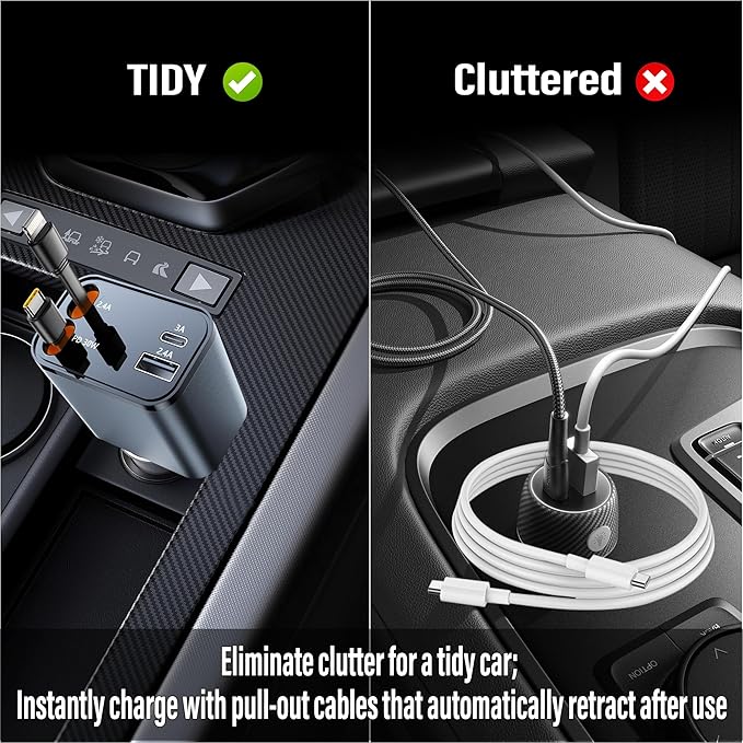 Retractable Car Charger USB C, 4 in 1 Retractable Car Charger with Cables, PD 69W USB C Adapter, Fast Cigarette Lighter Adapter Car Phone Charging for iPhone 15/14 Pro Max,Androids