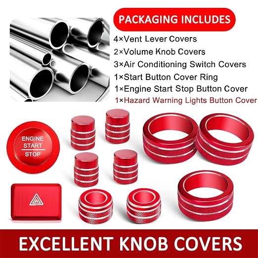 Knob Covers for Honda Civic Accessories 2026 2025 2022-2024 for CRV 2026 2025-2023 for Acura Integra 2025 2024 2023 Hazard Warning Lights, AC, Air Vent, Audio, Push Start Button Cover Ring 12Pcs(Red)