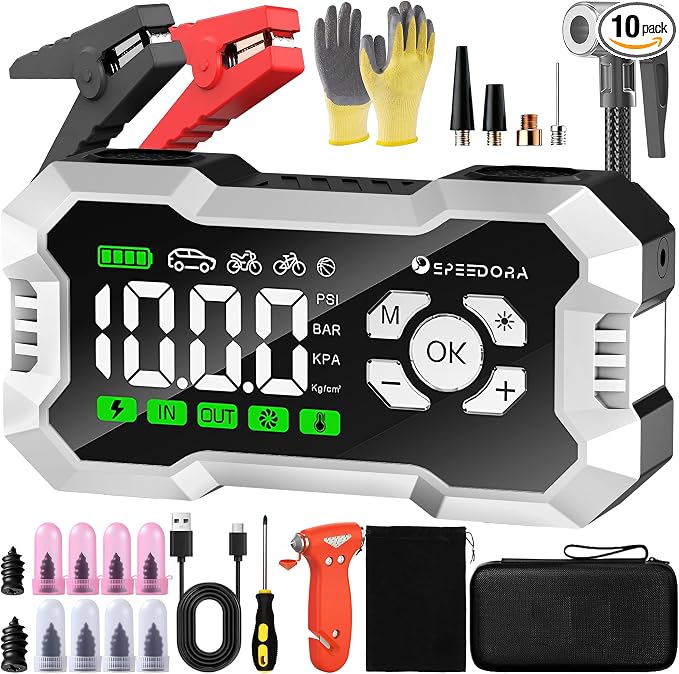 Jump Starter with Air Compressor, SPEEDORA 8000A Portable Car Battery Jump Starter for (All Gas/12L Diesel Engines), 160PSI Tire Inflator, 3.3" Screen,600LM Light, Jumper Cables,12V Car Booster Pack