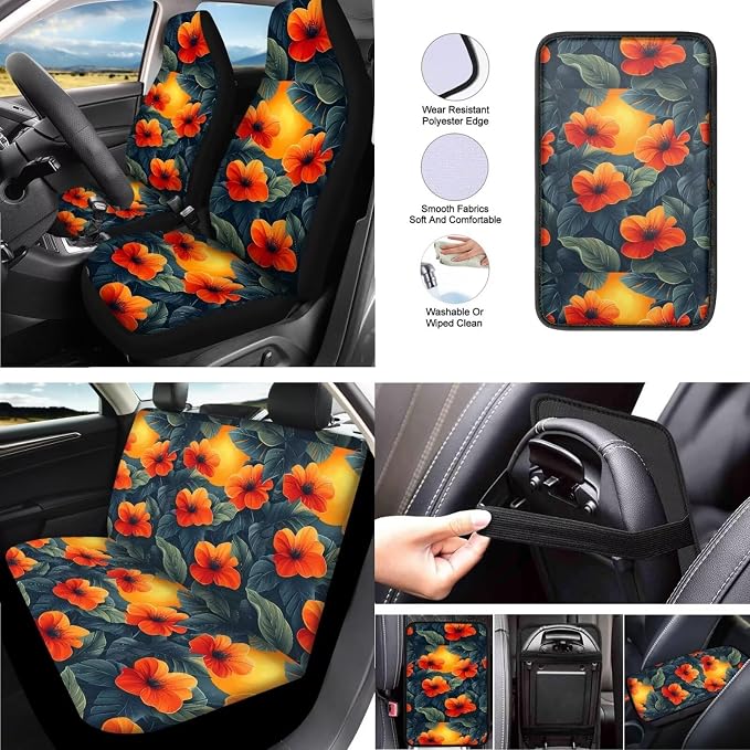 13 PCS Hawaii Hibiscus Flower Car Seat Covers, Orange Red Jasmine Flowers Car Steering Wheel Cover Cup Mats, Cineraria Floral Vehicle Keyring Headrest Cover Universal