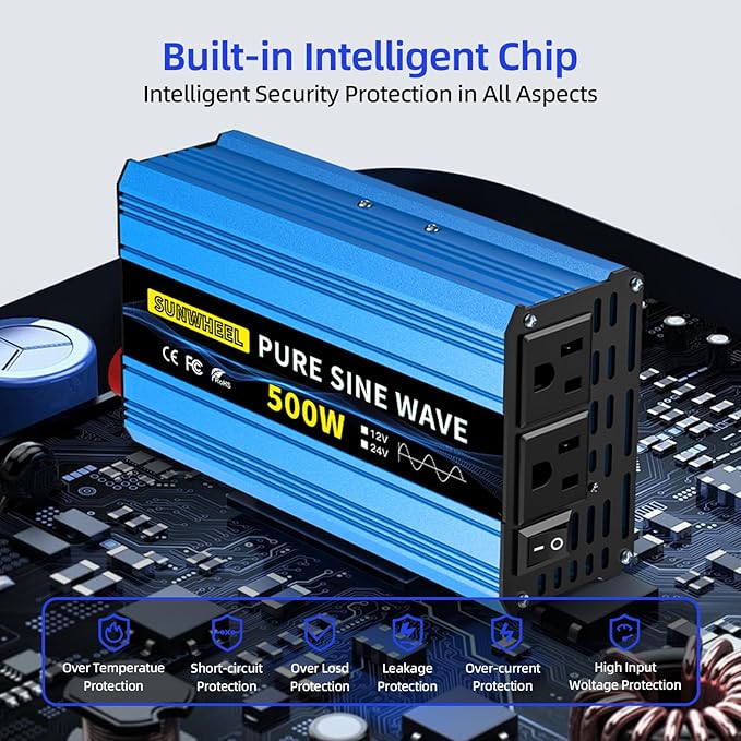 SUNWHEEL 500W Pure Sine Wave Inverter, 12V DC to 110V/120V AC Car Power Inverter with 2 AC outlets and LCD Display