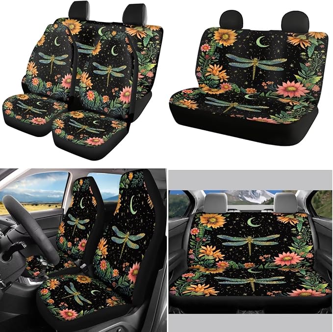 POLERO Starry Night Dragonfly Car Seat Covers for Women Aesthetic Car Interior Accessories Floral Auto Steering Wheel Cover Set 11Pcs