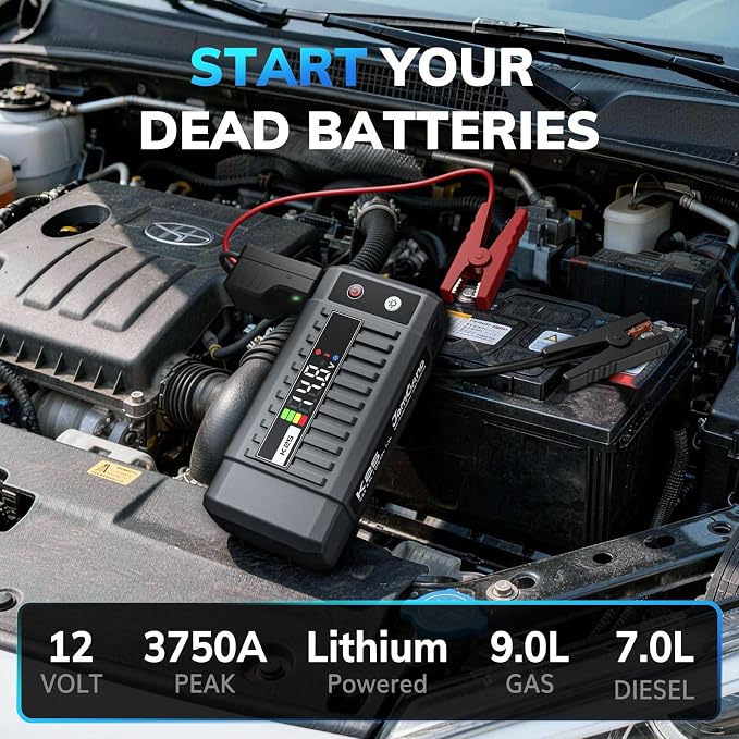 K25 Jump Starter 3750A Car Battery Booster Pack for Up to 9.0L Gas or 7.0L Diesel Engines, 12V Portable Jump Box with Extremely Safe Jumper Cable, USB/DC Charge and 3 Mode Flashlight