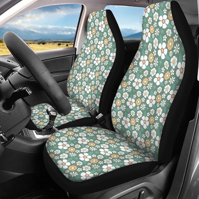 Vintage Groovy Flower Car Seat Covers Set for Women Men,Green 70S 80S Floral Cute Steering Wheel Cover for Cars,Universal Fit Seatbelt Pads Armrest Cushion Keychains