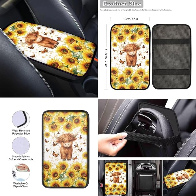 Wanyint Car Seat Cover Set 12 PCS, with Steering Wheel Cover Seat Belt Armrest Handbrake Gear Shift Knob Cover Set Coasters Auto Accessories, Cute Highland Cow Sunflower