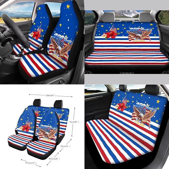 Wanyint Car Seat Cover Set 15 PCS, with Steering Wheel Seat Belt Rearview Mirror Cover Garbage Cans Air Vent Pouch Coasters Keychain US 250th Anniversary Auto Decor, American Flag Hibiscus Eagle