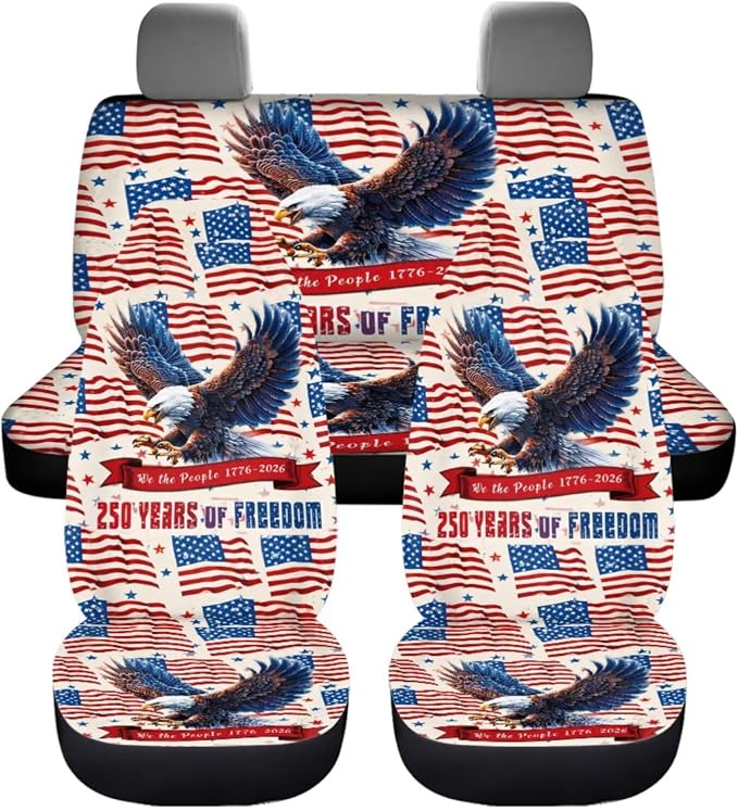 American Flag Eagle Car Seat Cover Set, 11 Piece, 250 Years of Freedom, with Steering Wheel Cover/Seatbelt Pad, Non-Slip Patriotic Auto Accessories for 4th of July & 250th Anniversary