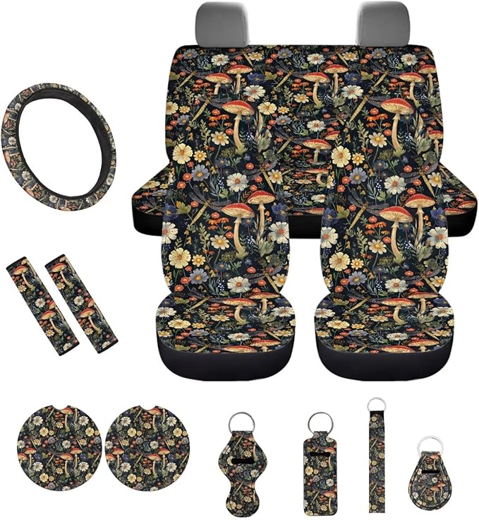 Car Accessories Car Seat Covers Full Set/Seatbelt Shoulder Pads/Coasters/Key Ring/Lipstick Holder for Women's Vehicle Decor(13 Pack), Vintage Mushroom Floral Dragonfly Print