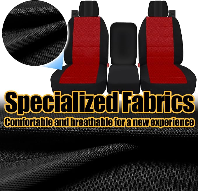 Front Durable Fabric Seat Covers for Ford F150 XL XLT Standard Cab 2004 2005 2006 2007 2008, Front 40/20/40 Split Bench with Integrated Seatbelts & Solid Armrest-Red
