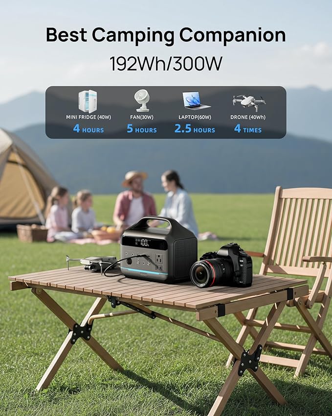 DARAN Portable Power Station 300W(600W Peak), 192Wh LFP Battery, Solar Generator w/2 AC Outlets, USB-C PD 60W, LED Light, Power Bank for Camping, RV, Travel, Home Emergency(Solar Optional)